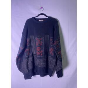 Vintage Feldini Black Geometric Knit Sweater Multicolor Pullover Unisex Size XL